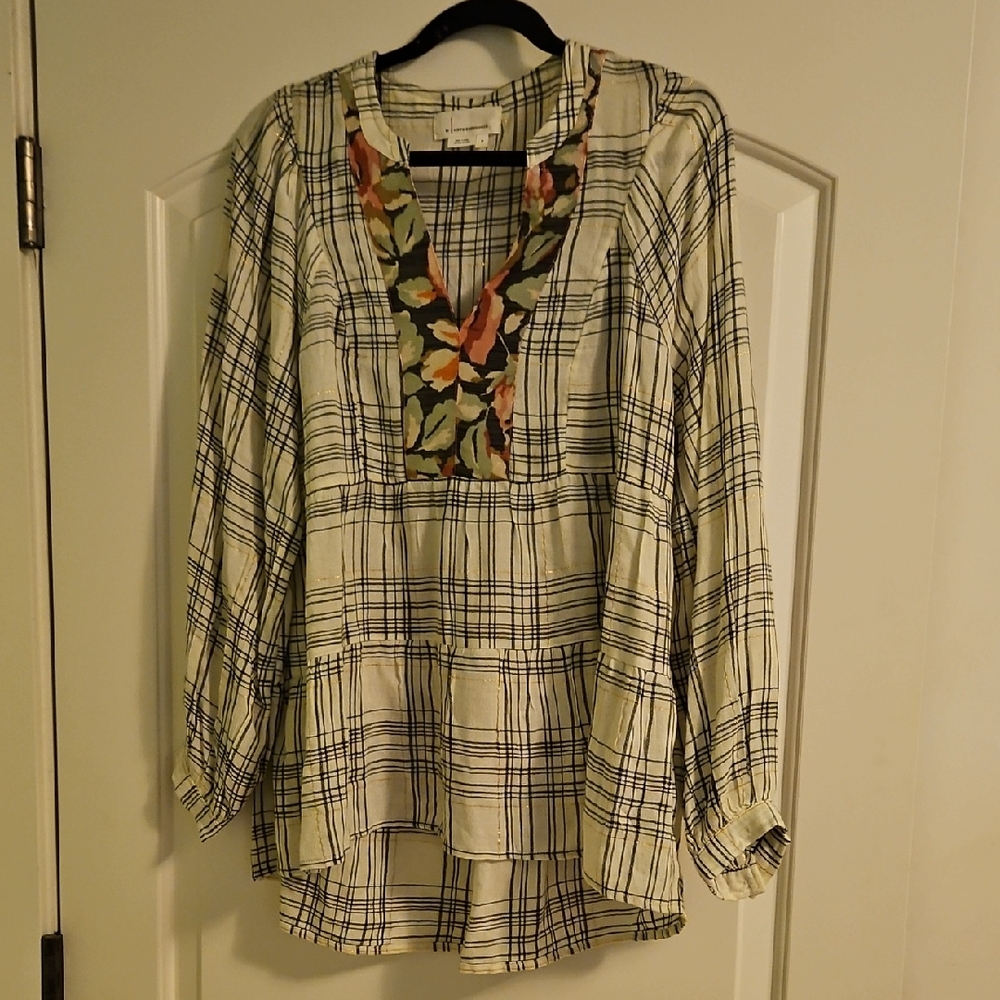 Anthropologie Plaid Mixed Print Top